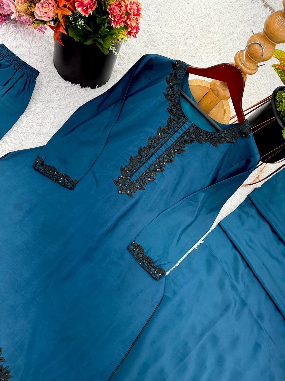 Celebrity Style Teal Blue Color Pure Natural Crep Silk With Embroidery Sequence Work Palazzo suit