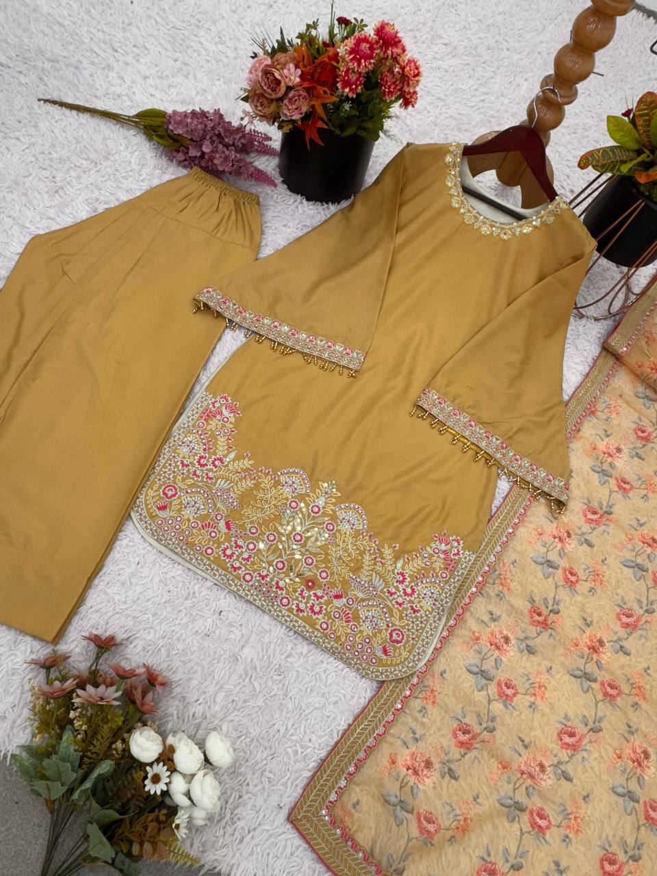 Gorgeous Light Mustard Color French Crepe Silk With Embrodary Sequence Work Palazzo Suit