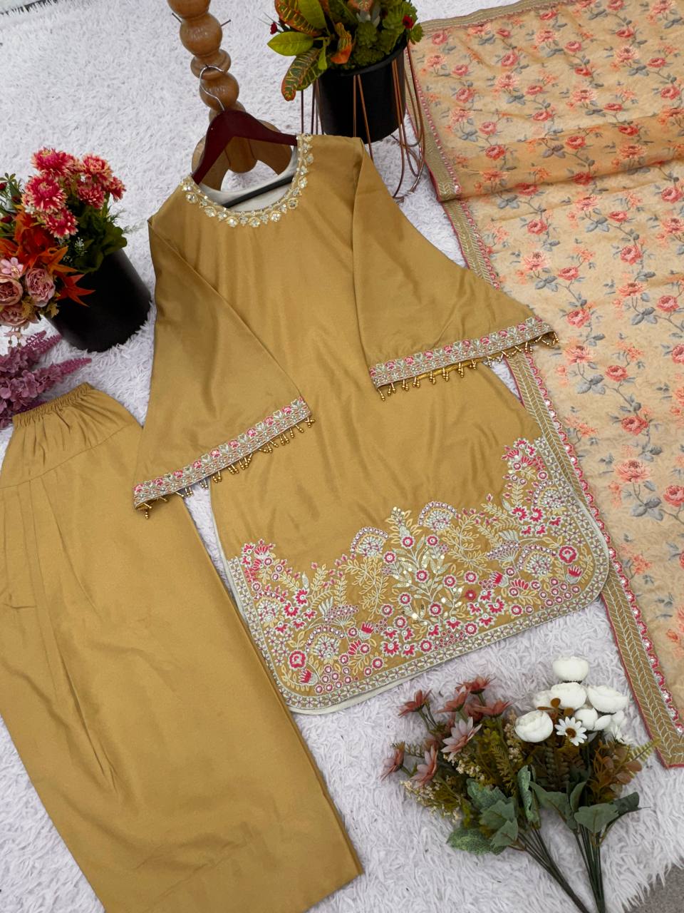 Gorgeous Light Mustard Color French Crepe Silk With Embrodary Sequence Work Palazzo Suit