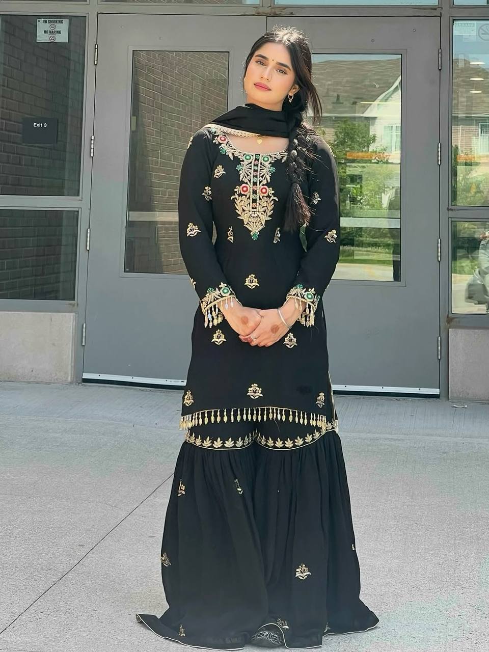 Ceremony Wear Black Color Heavy Chinon Silk Embroidery Sequence Work Sharara Suit