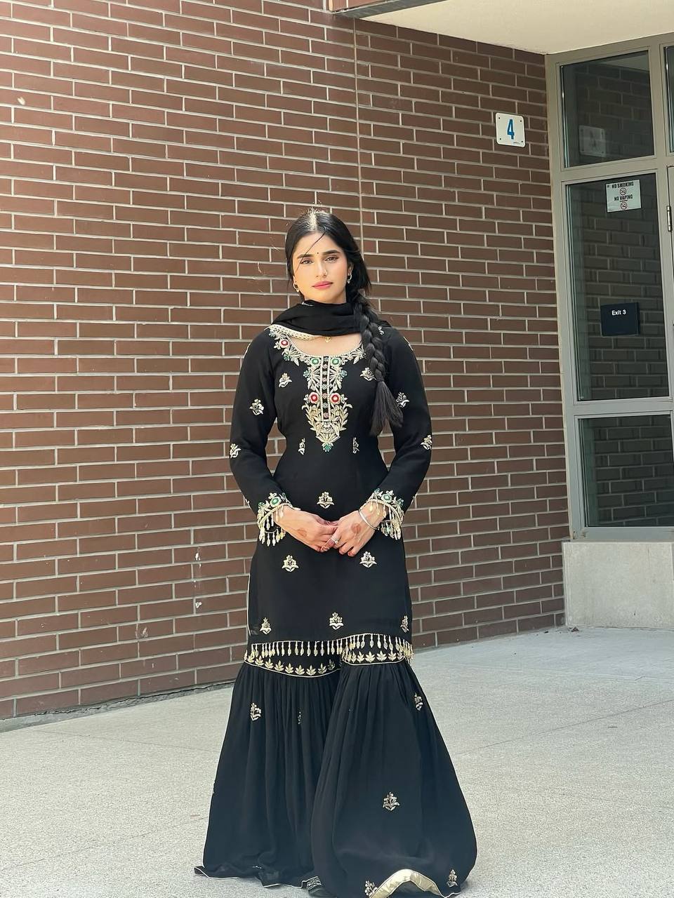 Ceremony Wear Black Color Heavy Chinon Silk Embroidery Sequence Work Sharara Suit