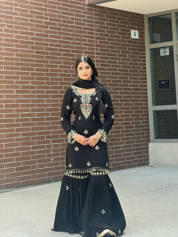 Ceremony Wear Black Color Heavy Chinon Silk Embroidery Sequence Work Sharara Suit