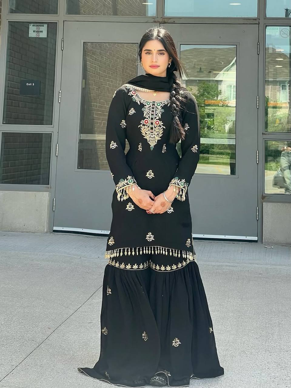 Ceremony Wear Black Color Heavy Chinon Silk Embroidery Sequence Work Sharara Suit