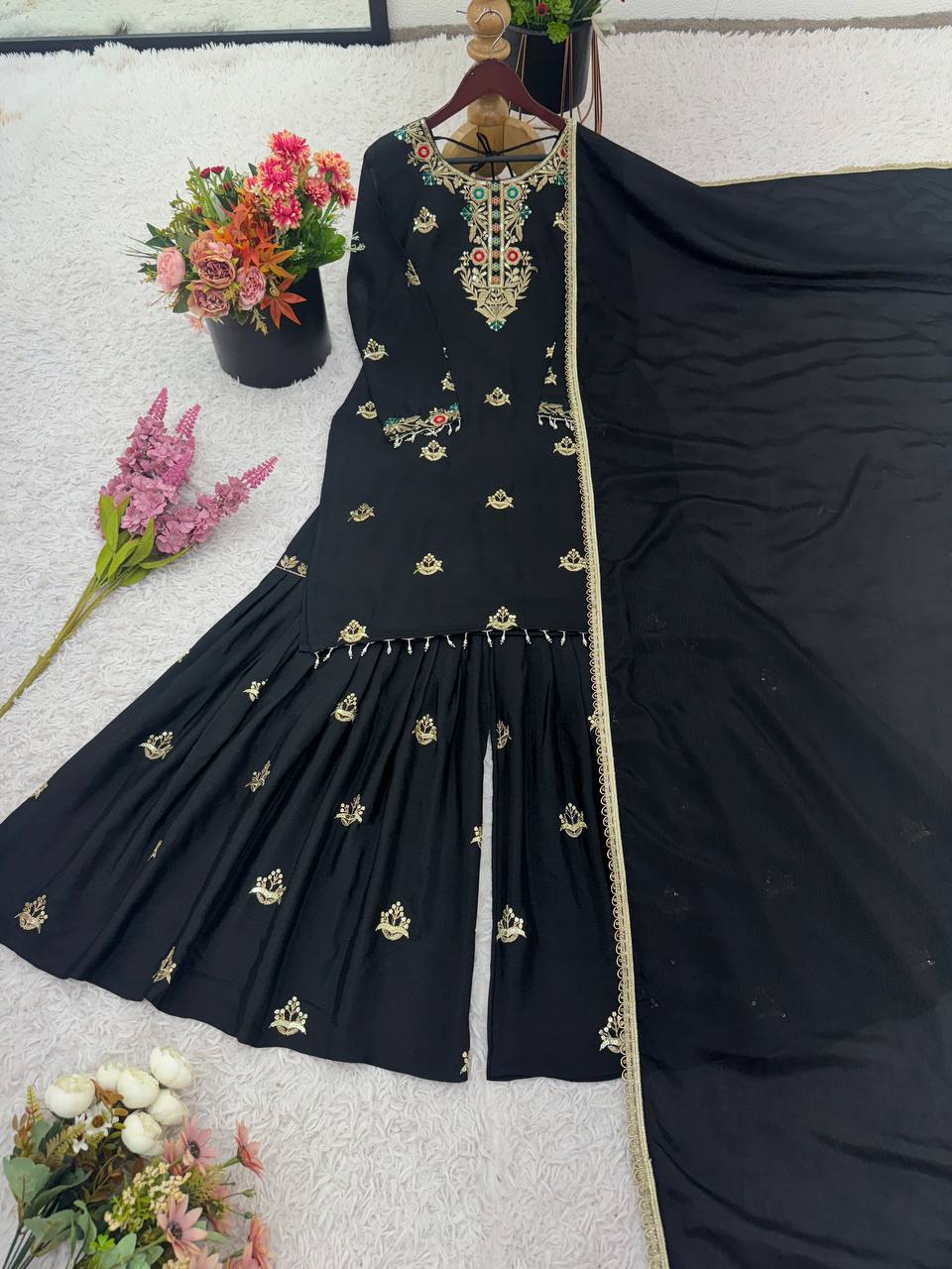 Ceremony Wear Black Color Heavy Chinon Silk Embroidery Sequence Work Sharara Suit