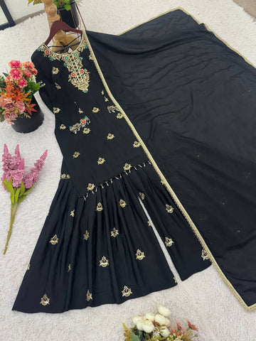 Ceremony Wear Black Color Heavy Chinon Silk Embroidery Sequence Work Sharara Suit