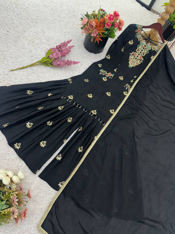 Ceremony Wear Black Color Heavy Chinon Silk Embroidery Sequence Work Sharara Suit