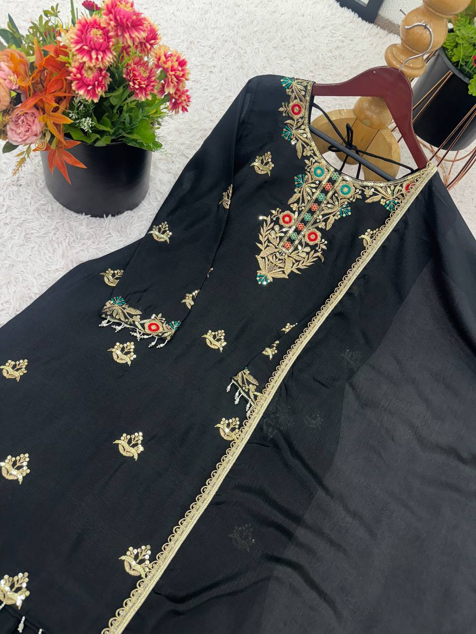 Ceremony Wear Black Color Heavy Chinon Silk Embroidery Sequence Work Sharara Suit