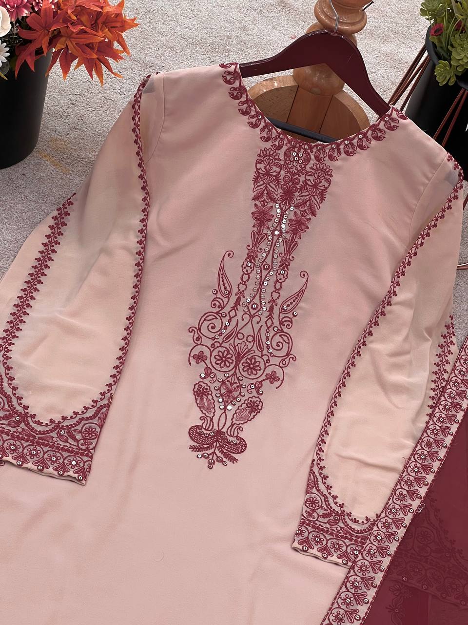 Alluring Cream Color Faux Georgette With Embroidery With Beads Work Palazzo Suit