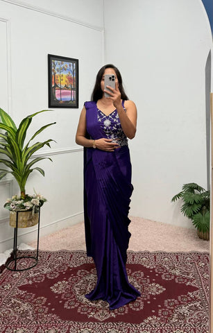 Glossy Blue Color Chinon Silk Ready To Wear Saree With Pleats And Full Koti