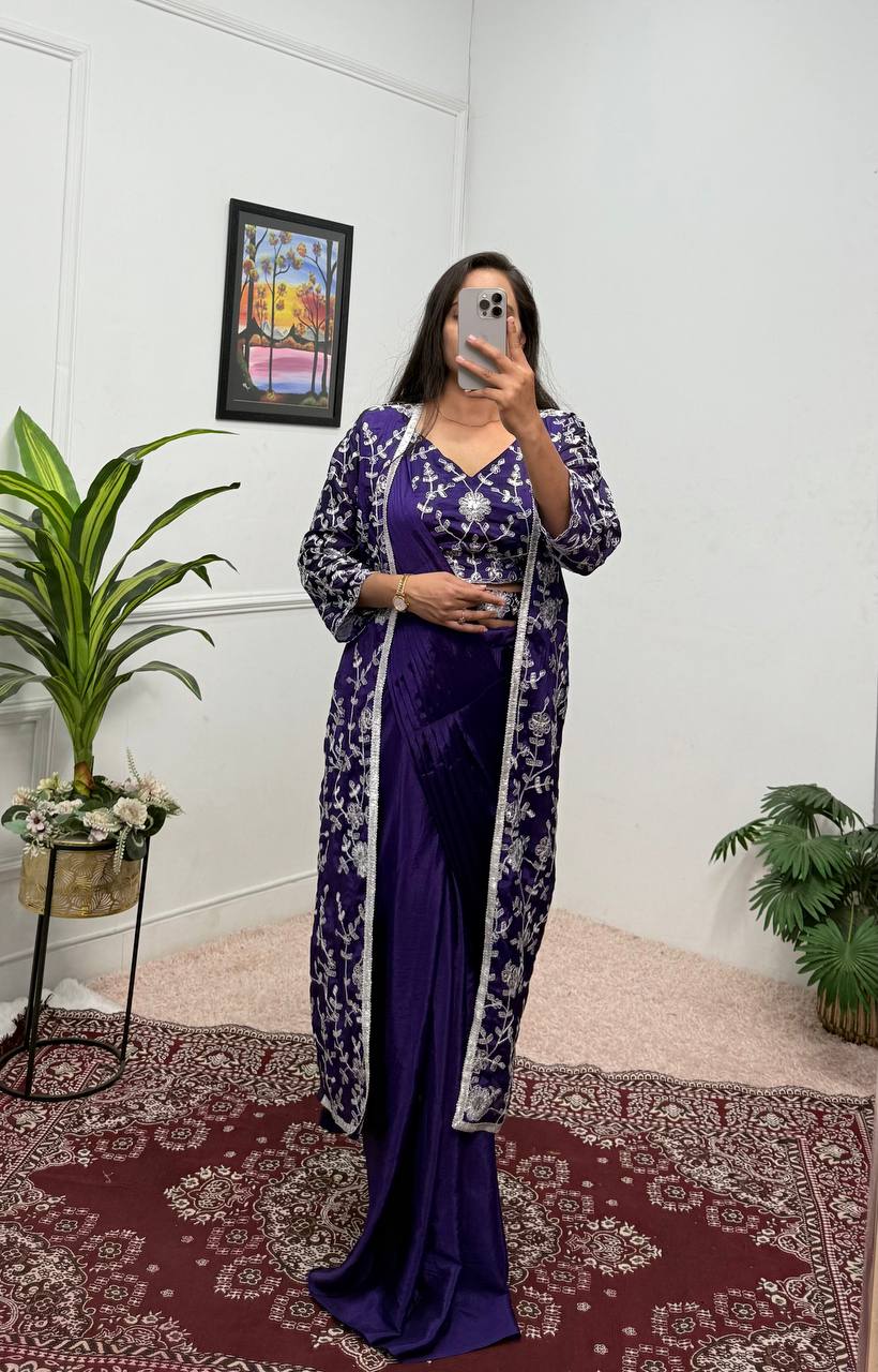 Glossy Blue Color Chinon Silk Ready To Wear Saree With Pleats And Full Koti
