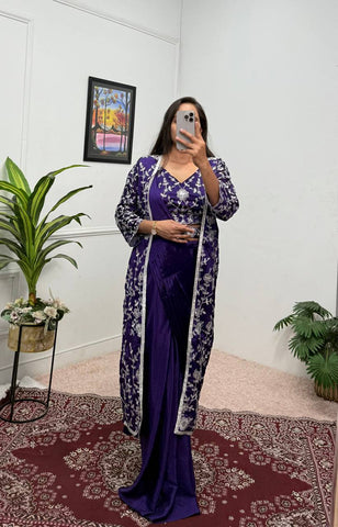 Glossy Blue Color Chinon Silk Ready To Wear Saree With Pleats And Full Koti