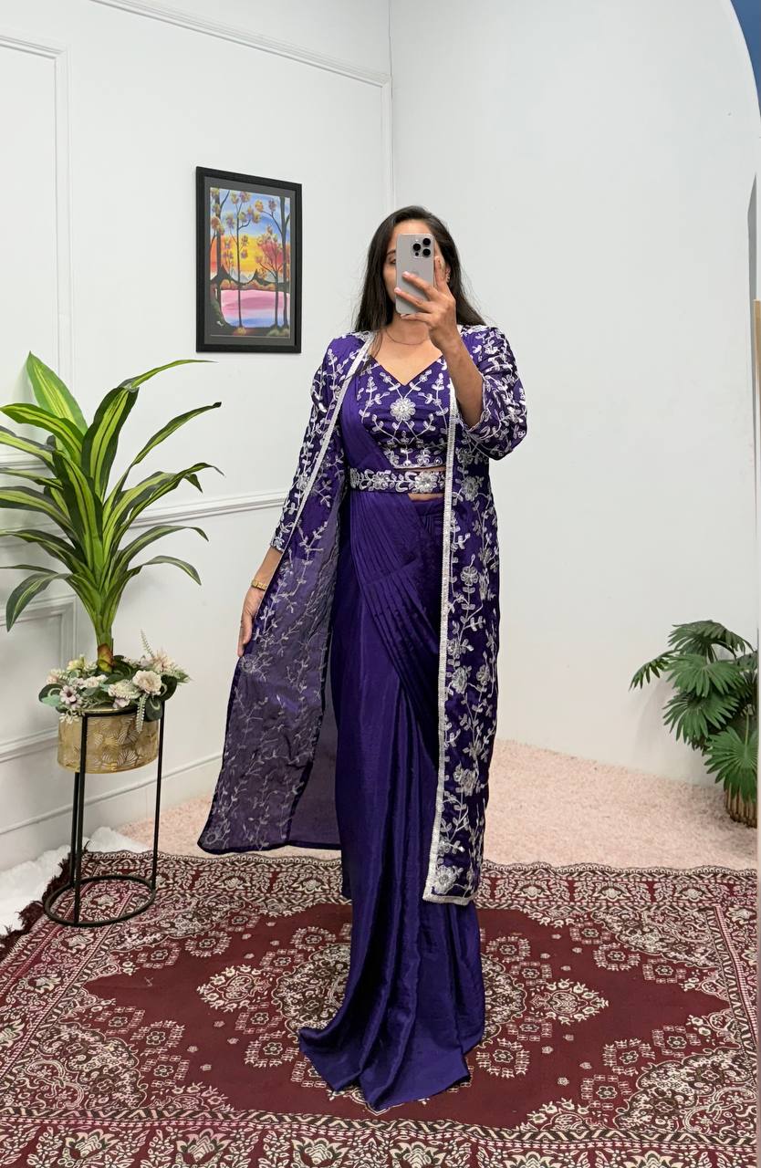 Glossy Blue Color Chinon Silk Ready To Wear Saree With Pleats And Full Koti