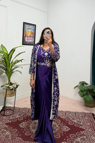 Glossy Blue Color Chinon Silk Ready To Wear Saree With Pleats And Full Koti