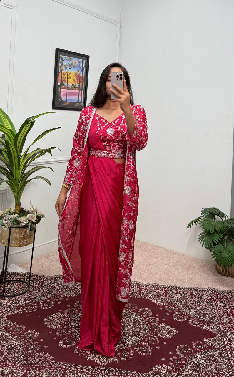 Glossy Red Color Chinon Silk Ready To Wear Saree With Pleats And Full Koti