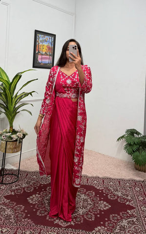 Glossy Red Color Chinon Silk Ready To Wear Saree With Pleats And Full Koti