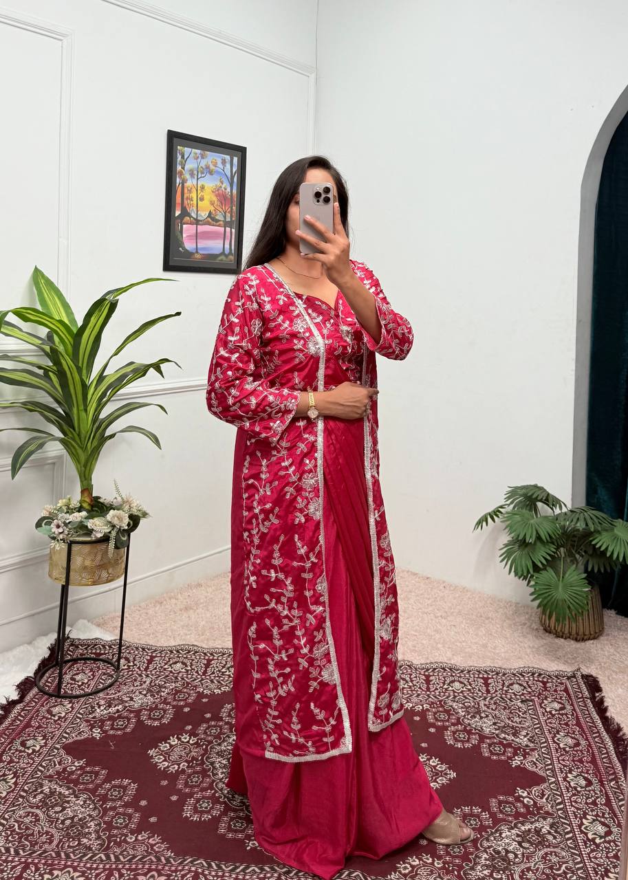 Glossy Red Color Chinon Silk Ready To Wear Saree With Pleats And Full Koti