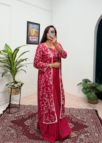 Glossy Red Color Chinon Silk Ready To Wear Saree With Pleats And Full Koti