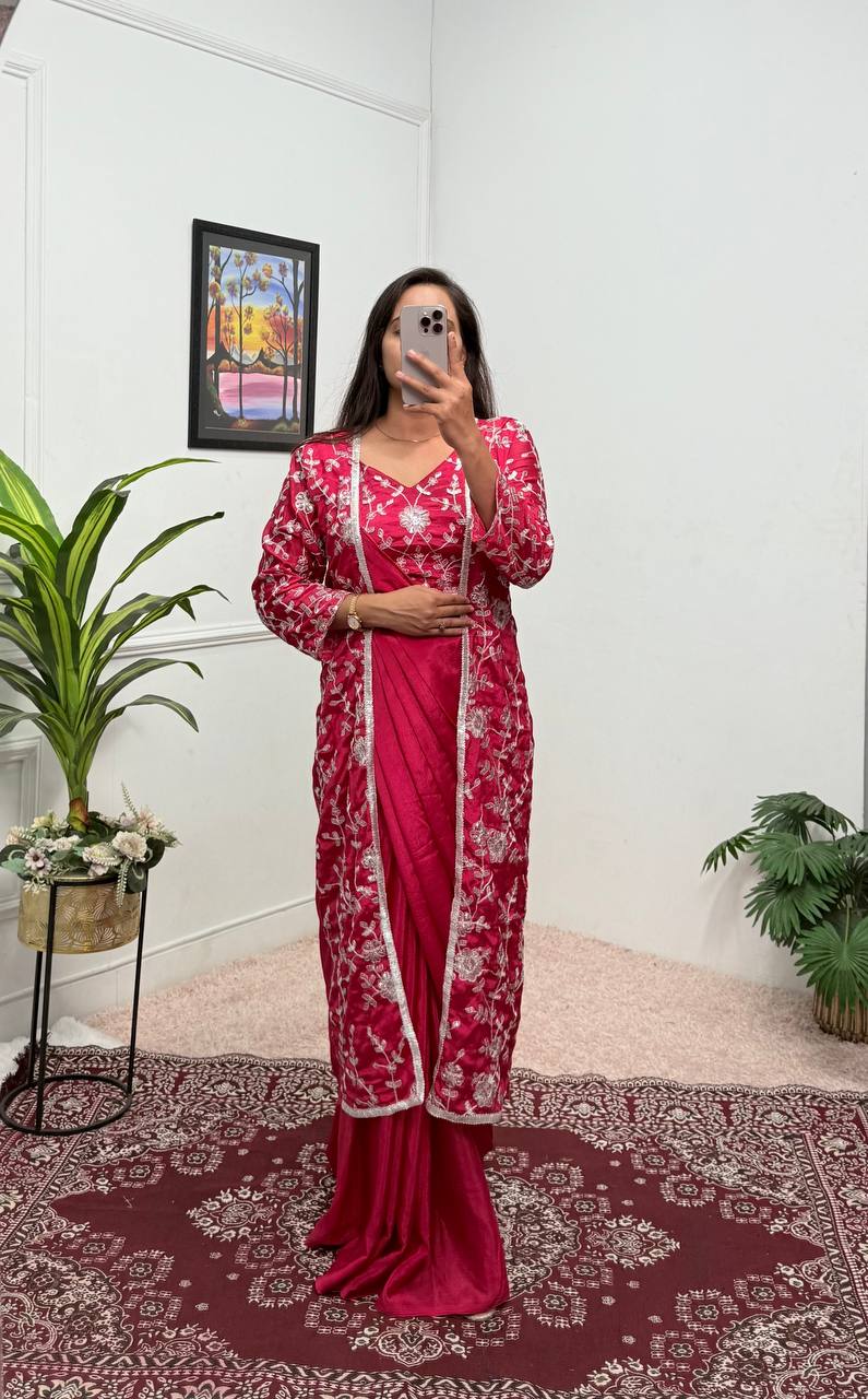 Glossy Red Color Chinon Silk Ready To Wear Saree With Pleats And Full Koti