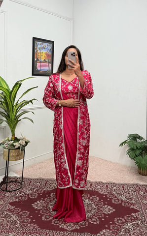 Glossy Red Color Chinon Silk Ready To Wear Saree With Pleats And Full Koti