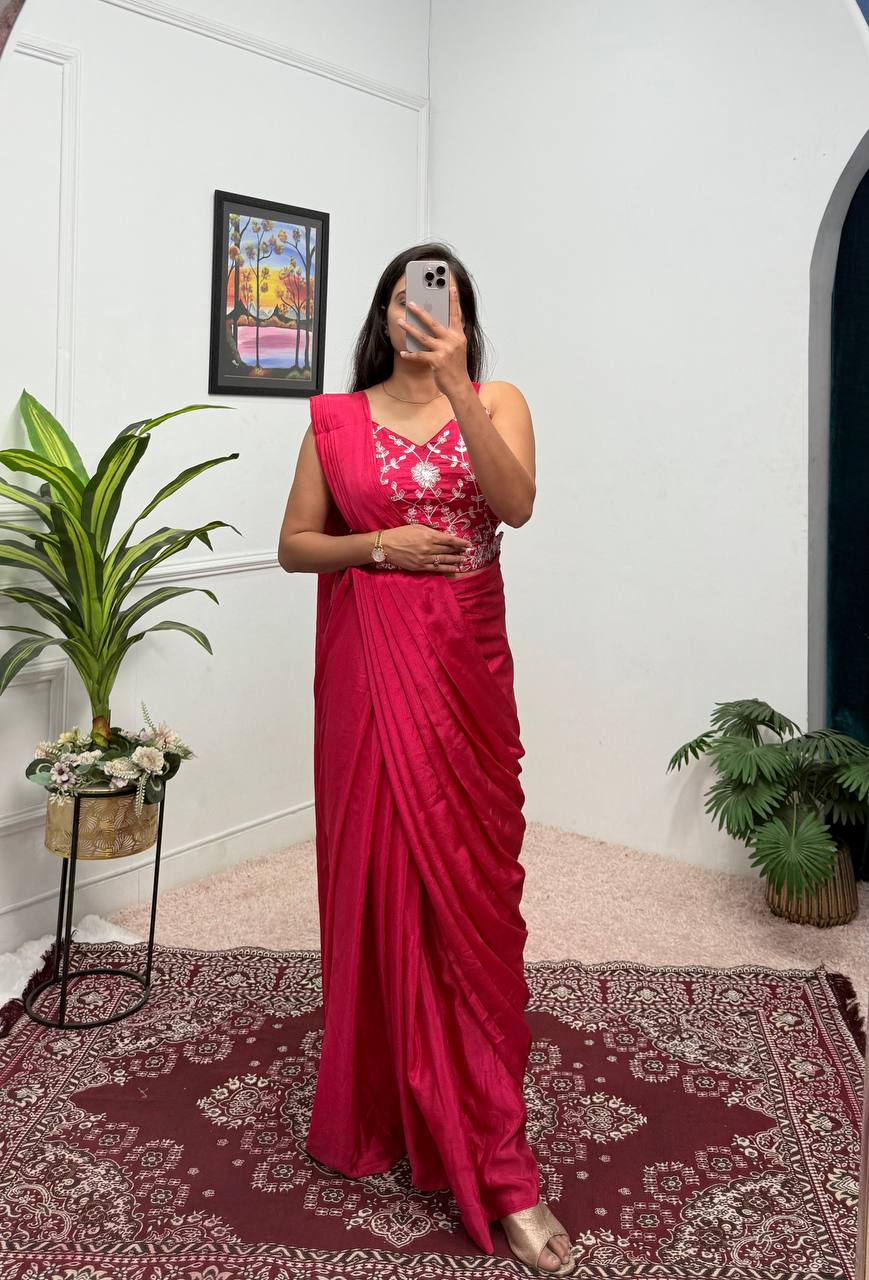 Glossy Red Color Chinon Silk Ready To Wear Saree With Pleats And Full Koti