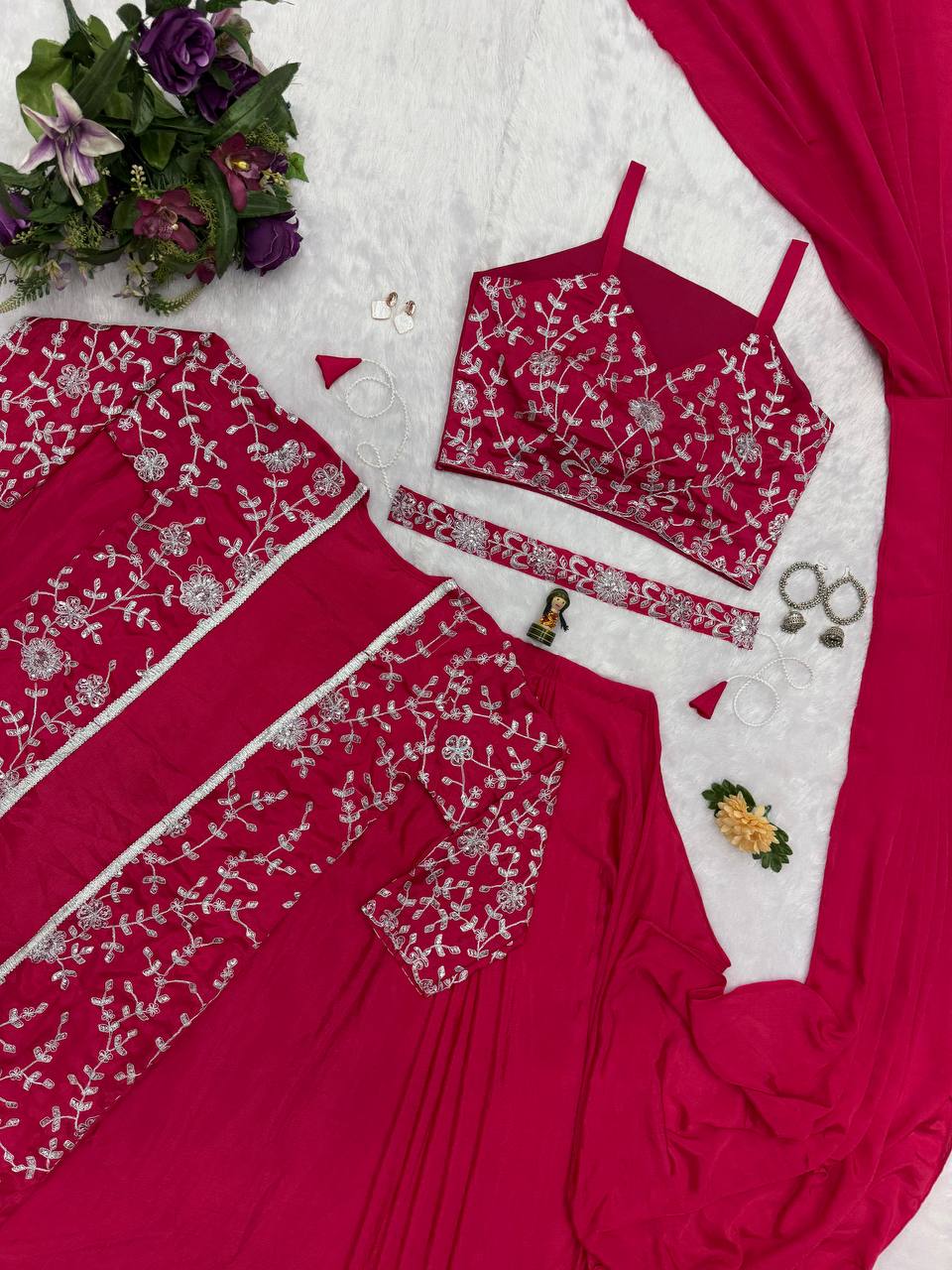 Glossy Red Color Chinon Silk Ready To Wear Saree With Pleats And Full Koti