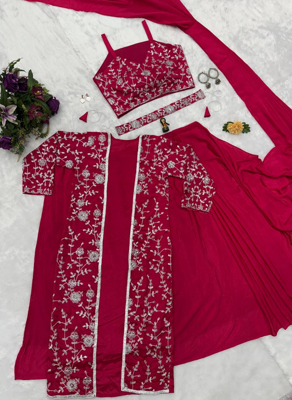 Glossy Red Color Chinon Silk Ready To Wear Saree With Pleats And Full Koti