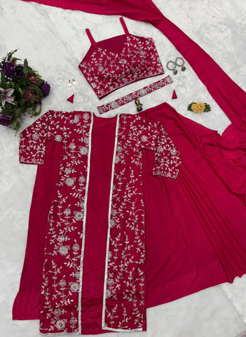 Glossy Red Color Chinon Silk Ready To Wear Saree With Pleats And Full Koti