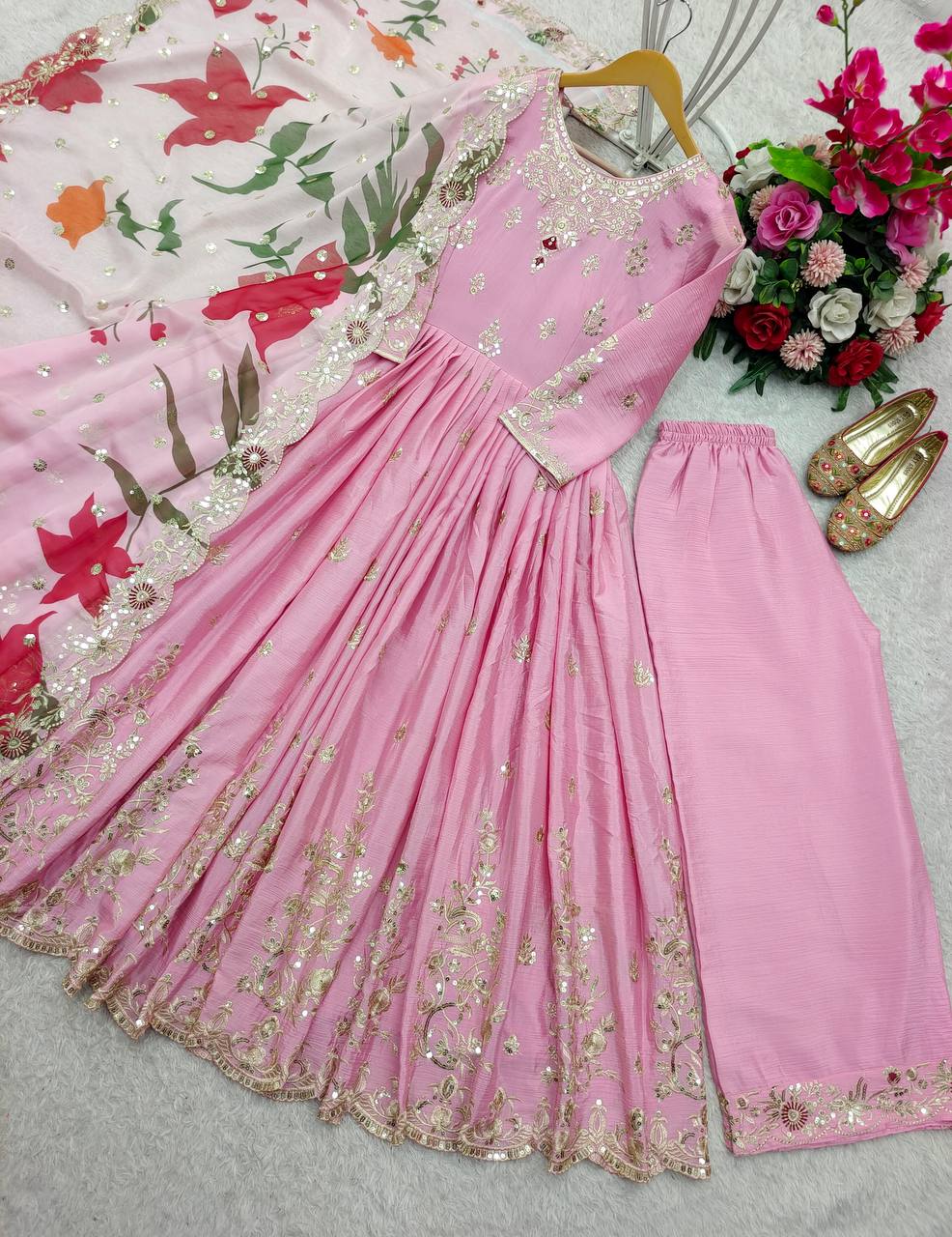Festive Wear Pink Color Pure Satin Silk With Heavy Embroidery Work Designer Gown