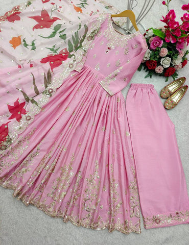 Festive Wear Pink Color Pure Satin Silk With Heavy Embroidery Work Designer Gown