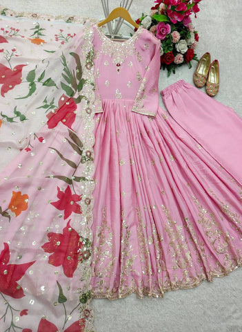 Festive Wear Pink Color Pure Satin Silk With Heavy Embroidery Work Designer Gown