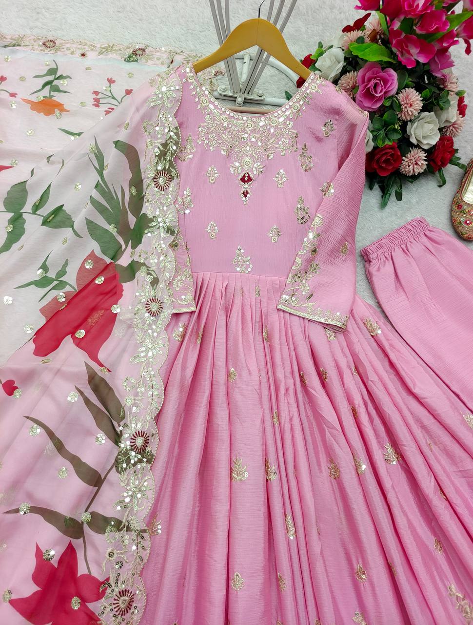 Festive Wear Pink Color Pure Satin Silk With Heavy Embroidery Work Designer Gown