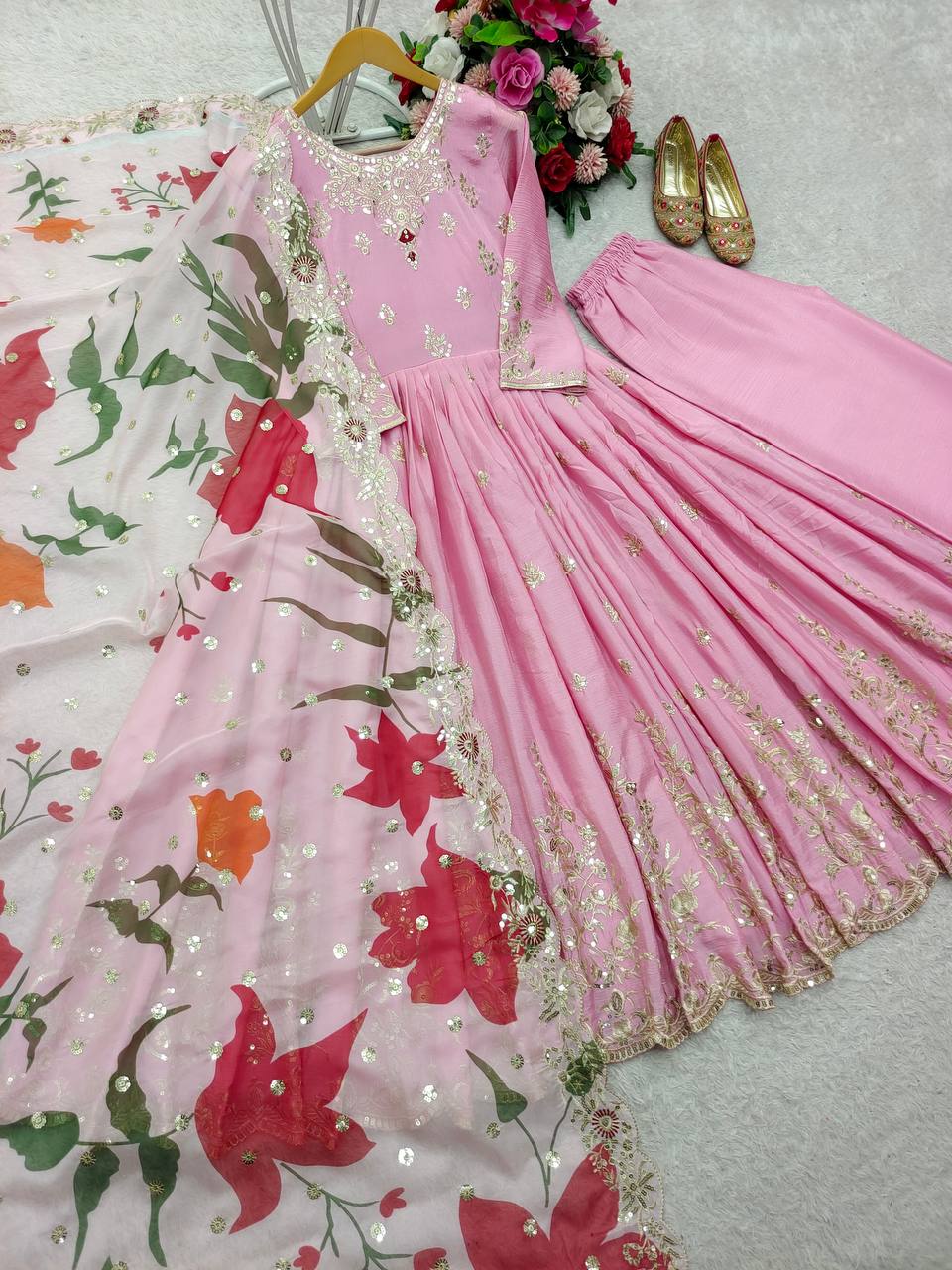 Festive Wear Pink Color Pure Satin Silk With Heavy Embroidery Work Designer Gown