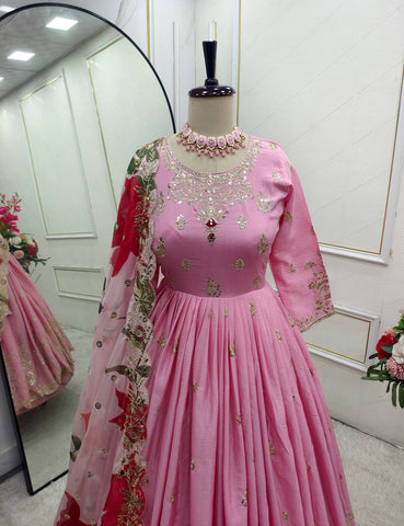 Festive Wear Pink Color Pure Satin Silk With Heavy Embroidery Work Designer Gown