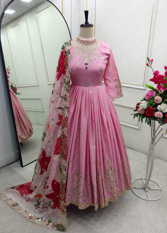 Festive Wear Pink Color Pure Satin Silk With Heavy Embroidery Work Designer Gown