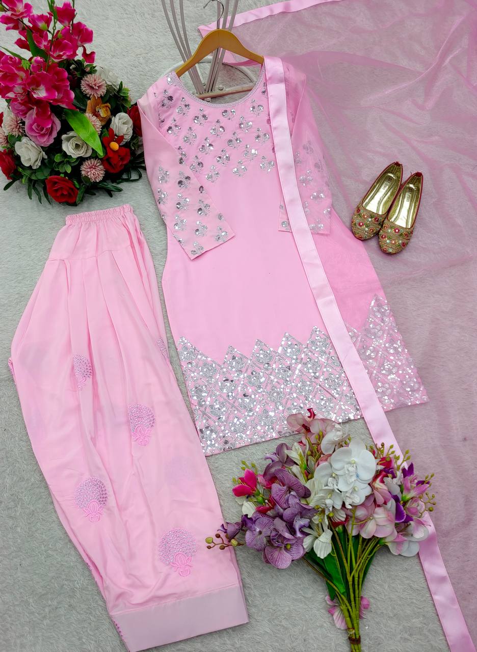 Mesmerizing Light Pink Color Pure Natural Crepe With Heavy Embroidery Sequence Work Salwar Suit