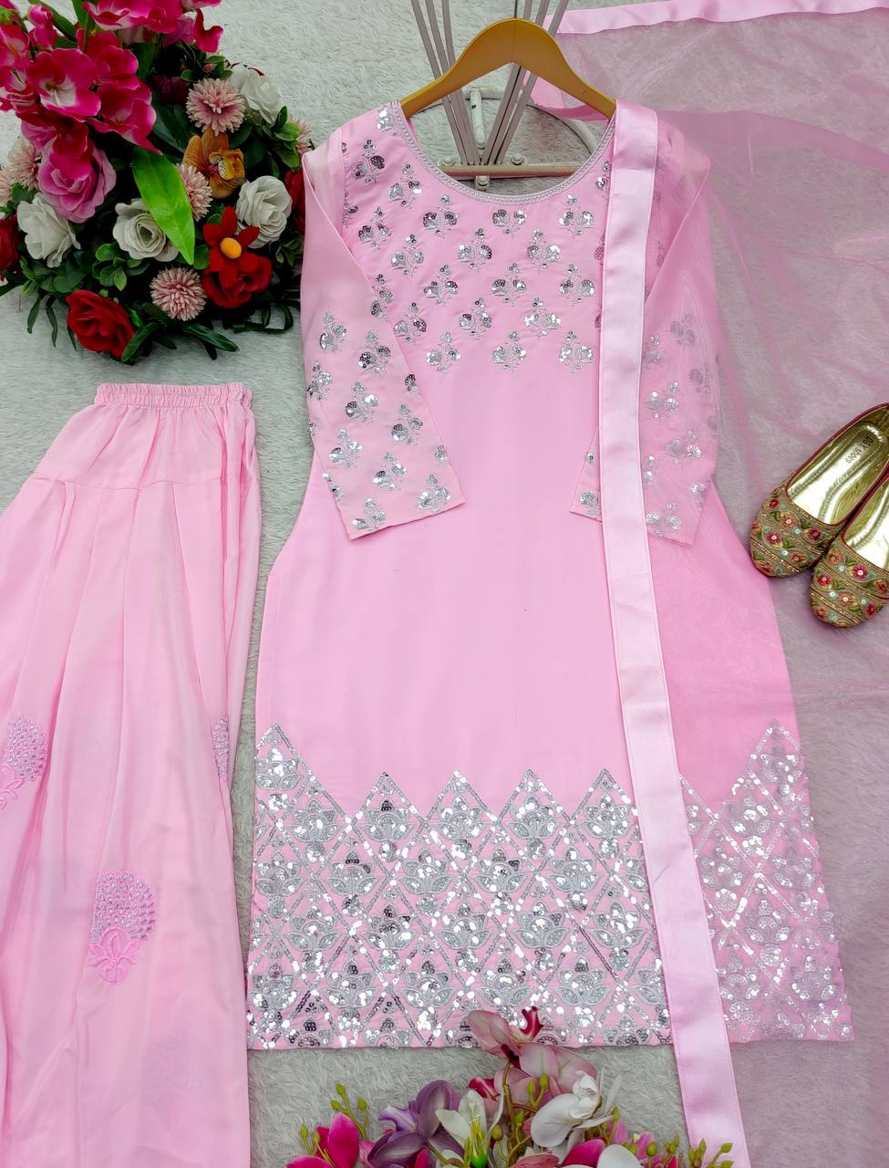 Mesmerizing Light Pink Color Pure Natural Crepe With Heavy Embroidery Sequence Work Salwar Suit