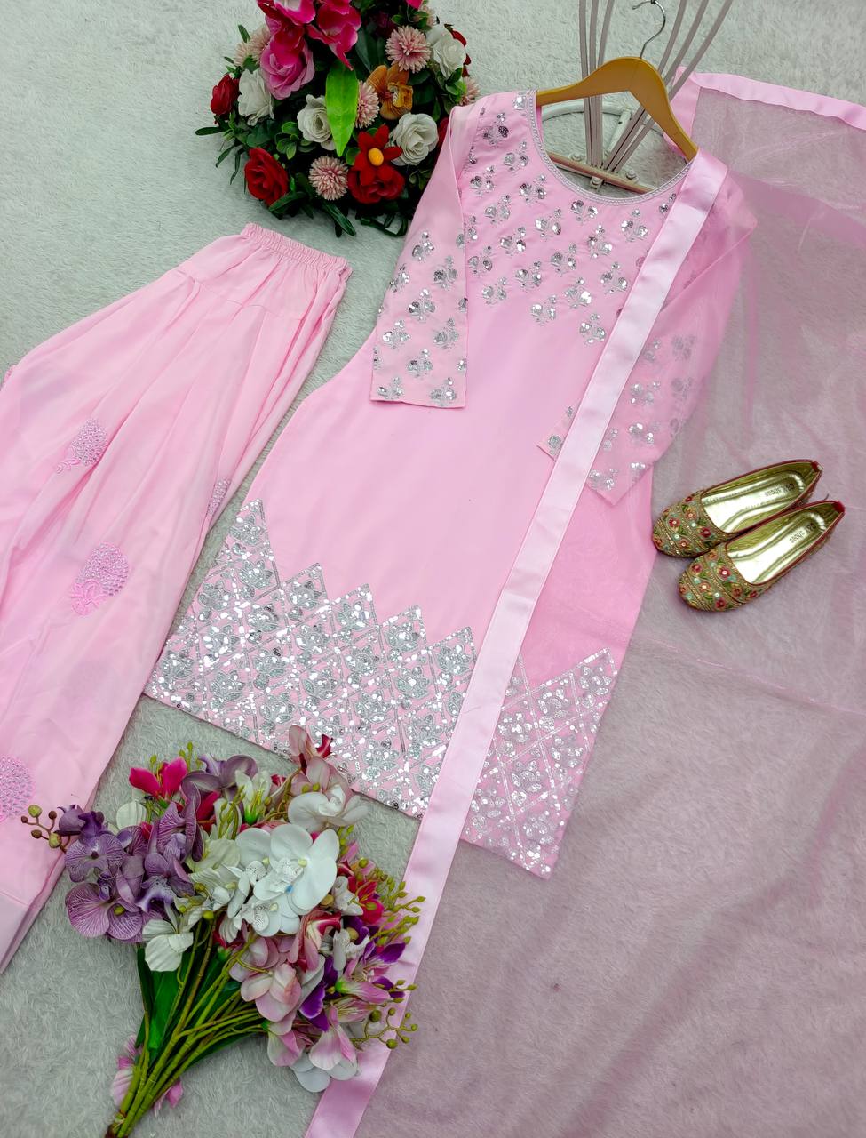 Mesmerizing Light Pink Color Pure Natural Crepe With Heavy Embroidery Sequence Work Salwar Suit