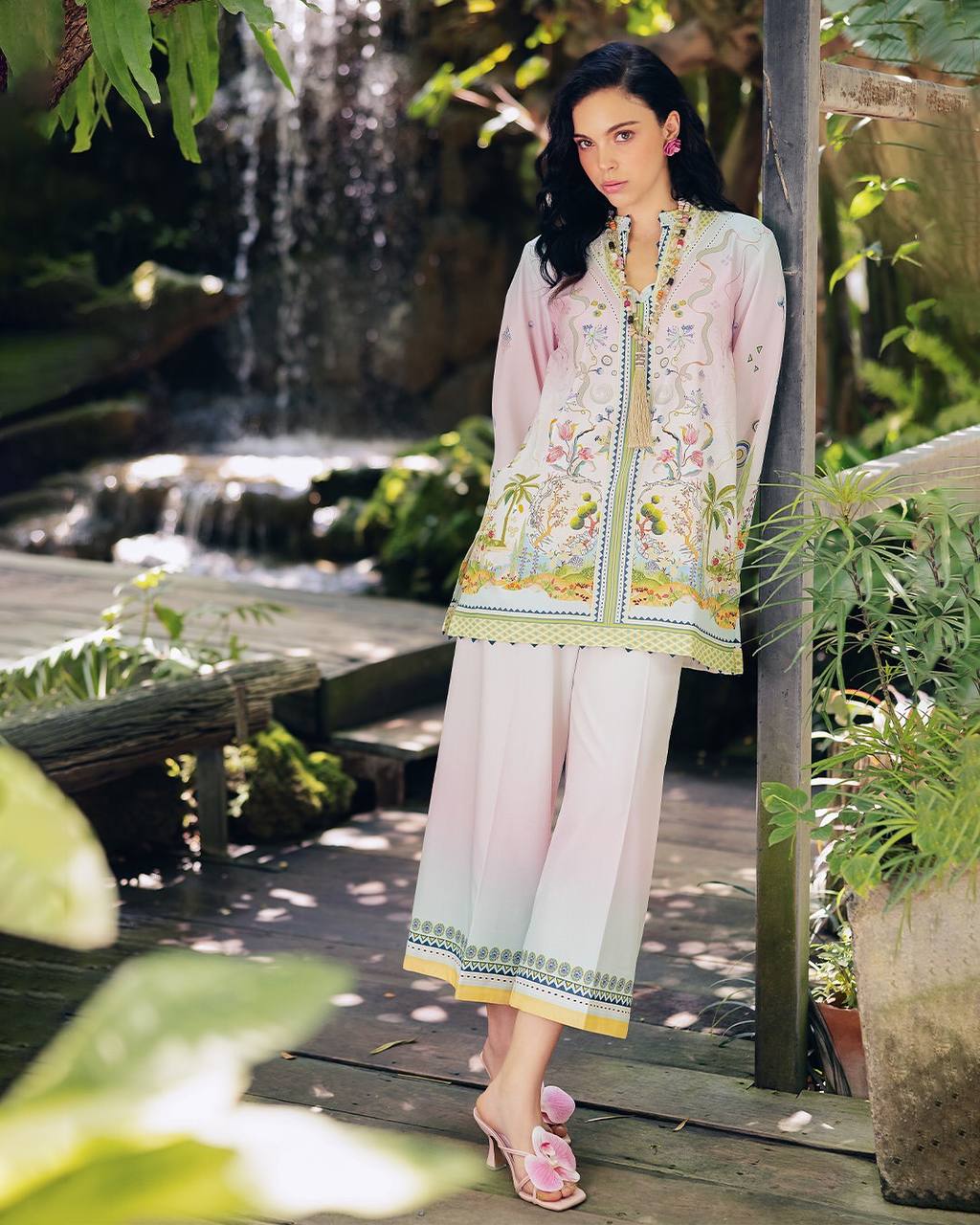 Ceremony Wear Cream Color Pure Natural Crepe With Digital Printed Designer Palazzo Suit