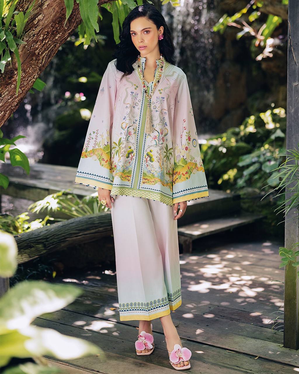 Ceremony Wear Cream Color Pure Natural Crepe With Digital Printed Designer Palazzo Suit