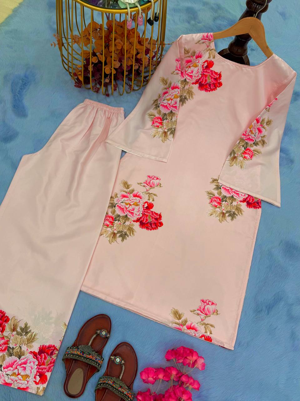 Reception Wear Peach Color Pure Natural Crepe With Digital Printed Designer Palazzo Suit