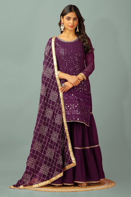 Eyes Catching Wine Color Faux Georgette With Heavy Embroidery And 5mm Sequence Work Sharara Suit