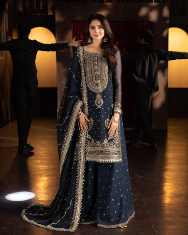 Celebrity Style Navy Blue Color Heavy Faux Georgette With Heavy Embroidery Sequence Work sharara Suit