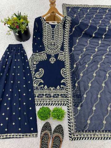 Celebrity Style Navy Blue Color Heavy Faux Georgette With Heavy Embroidery Sequence Work sharara Suit