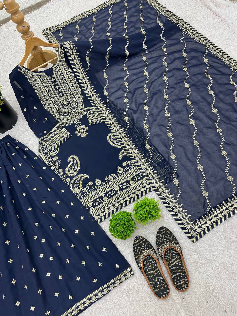 Celebrity Style Navy Blue Color Heavy Faux Georgette With Heavy Embroidery Sequence Work sharara Suit