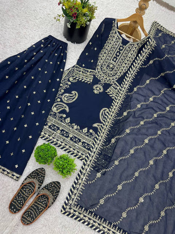 Celebrity Style Navy Blue Color Heavy Faux Georgette With Heavy Embroidery Sequence Work sharara Suit
