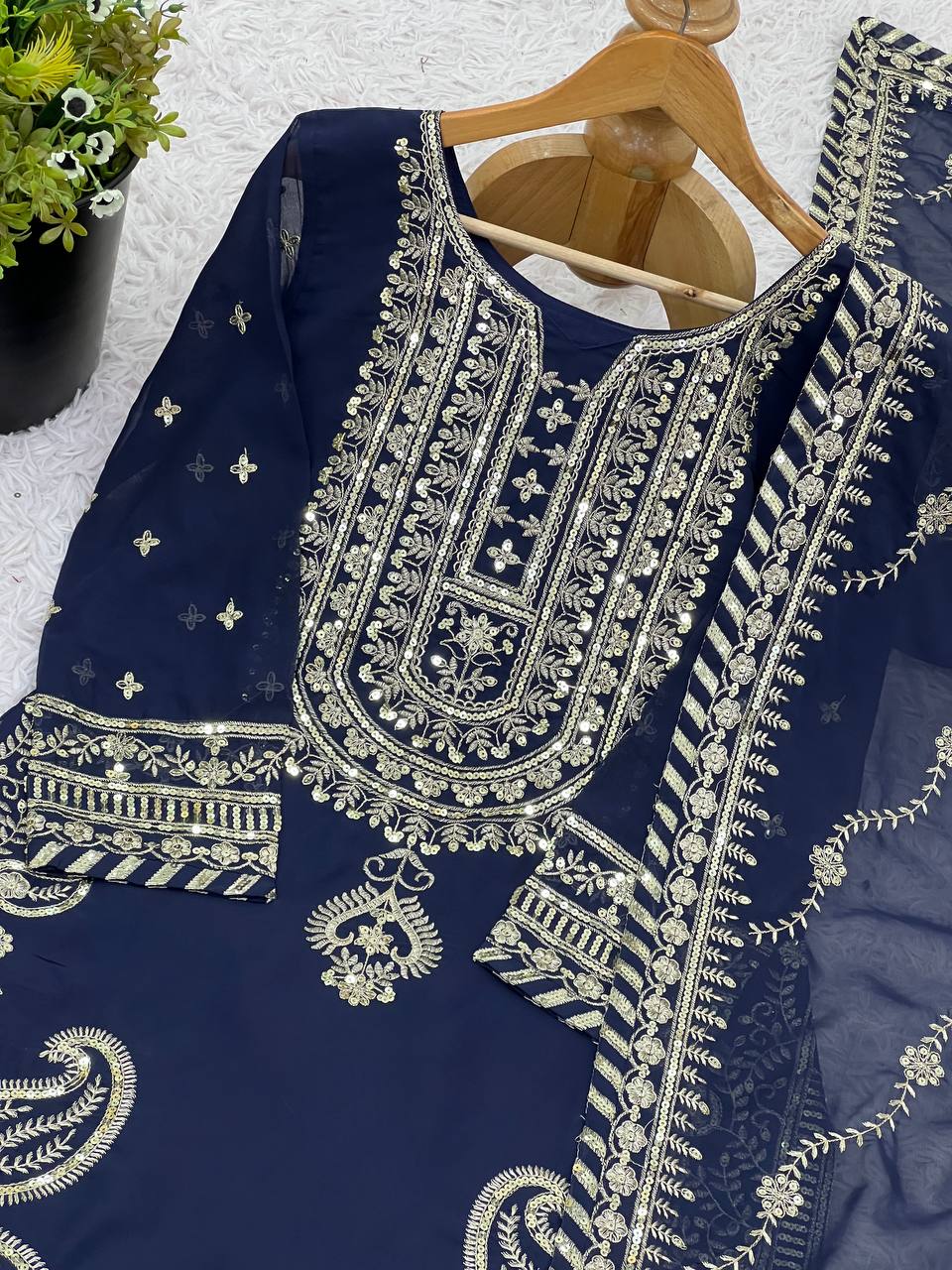 Celebrity Style Navy Blue Color Heavy Faux Georgette With Heavy Embroidery Sequence Work sharara Suit