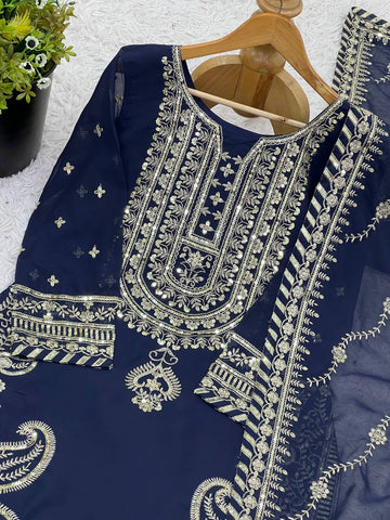 Celebrity Style Navy Blue Color Heavy Faux Georgette With Heavy Embroidery Sequence Work sharara Suit