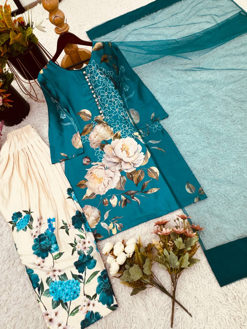 Function Wear Pure Natural Crepe Silk With Digital Printed Beautiful Palazzo Suit