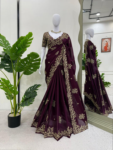 Wedding Wear Wine Color Rangoli Silk And Coding With Sequence Work Saree