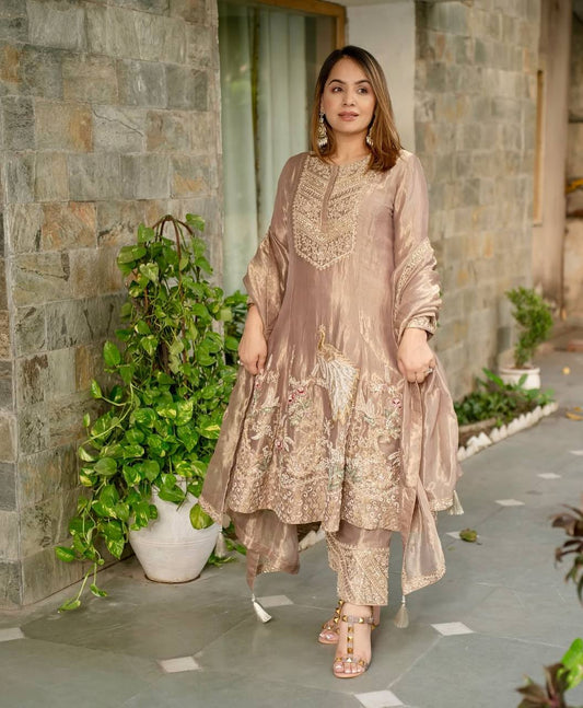 Celebrity Style Beige Color Fandy Silk With Heavy Embroidery Sequence Work Anarkali Suit